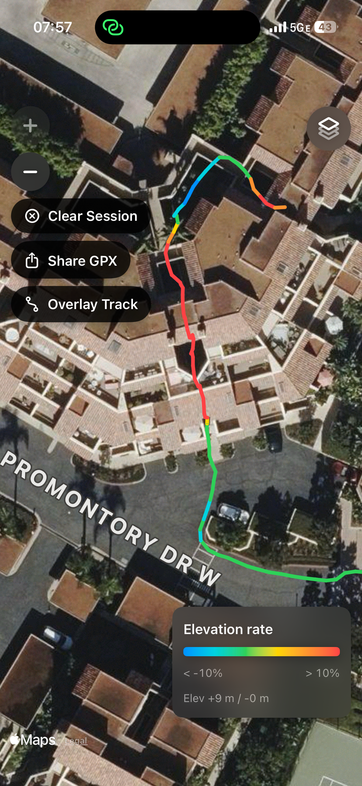Rahbar evaluation app displaying a continuous pedestrian track from a street through an urban building complex on Apple Maps satellite imagery